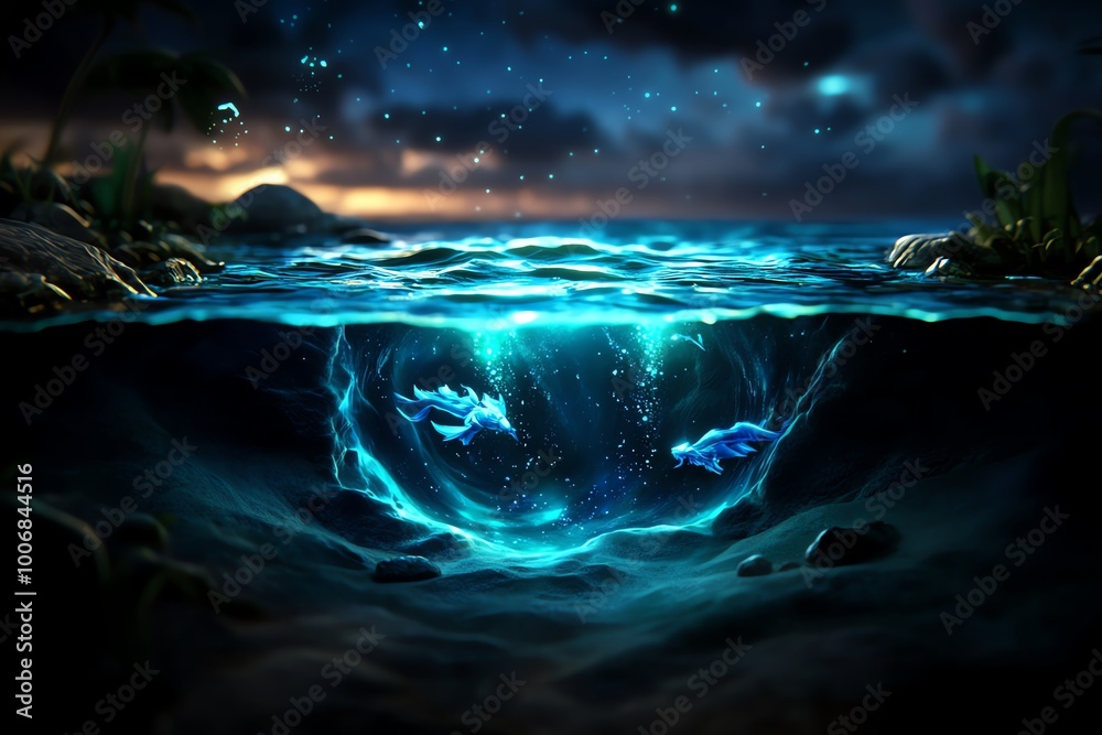 A glowing fantasy ocean where the waves sparkle with magical light, and mythical sea creatures swim beneath the surface, blending the magic of nature and ocean. A glowing fantasy ocean where the waves sparkle with magical light, and mythical sea creatures swim beneath the surface, blending the magic of nature and ocean.