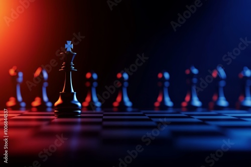 A leader standing on a chessboard, making strategic moves while leading their team toward victory