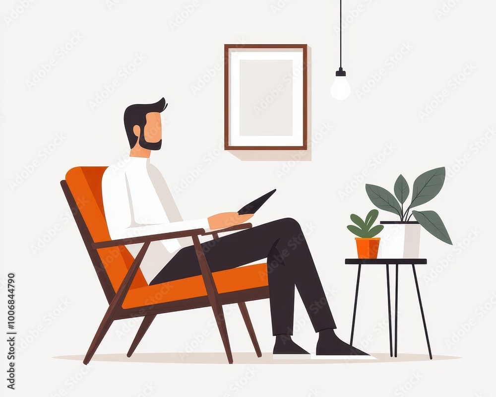 Fototapeta premium Relaxing nook in the office with a lounge chair, throw blanket, and potted plants, Office relaxation, modern cozy corner
