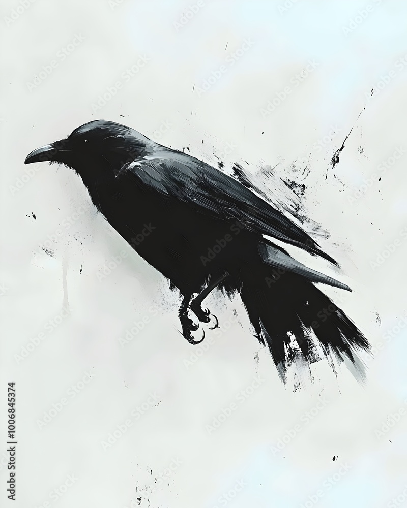 Fototapeta premium A black raven, with its wings spread, takes flight against a stark white background. The bird's silhouette stands out against the stark white, suggesting a sense of freedom and flight.