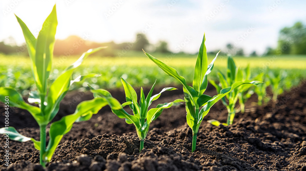 Fresh Green Corn Plants Growing Strongly in Rich Soil Under Bright Sunlight Fresh Green Corn Plants Growing Strongly in Rich Soil Under Bright Sunlight