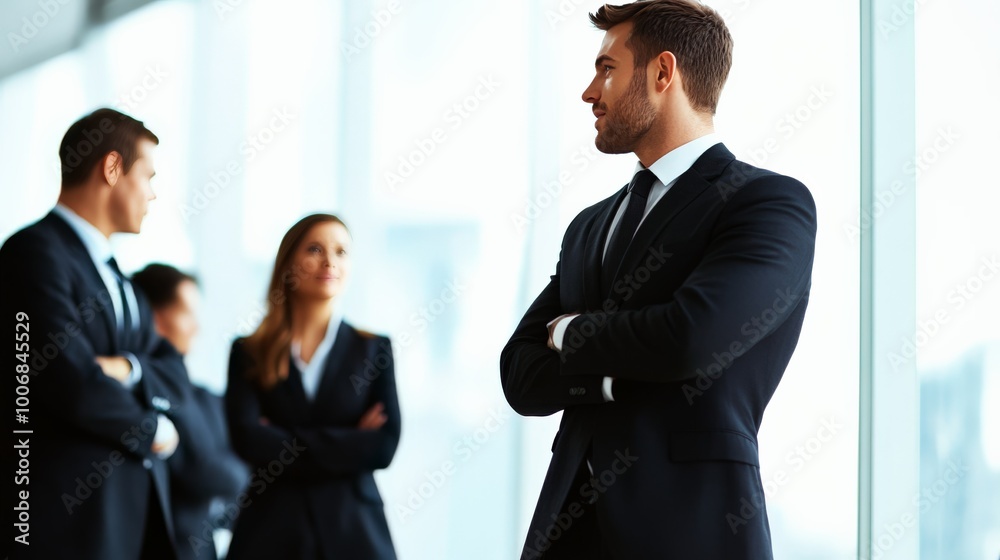 Business professionals in a modern office, dressed in formal attire, engaging in conversation and networking. Business professionals in a modern office, dressed in formal attire, engaging in conversation and networking.