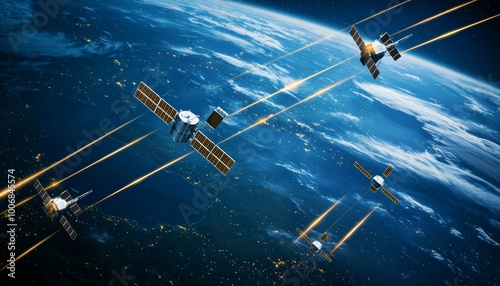 A network of telecommunications satellites orbiting Earth, connected by beams of data transmission in space