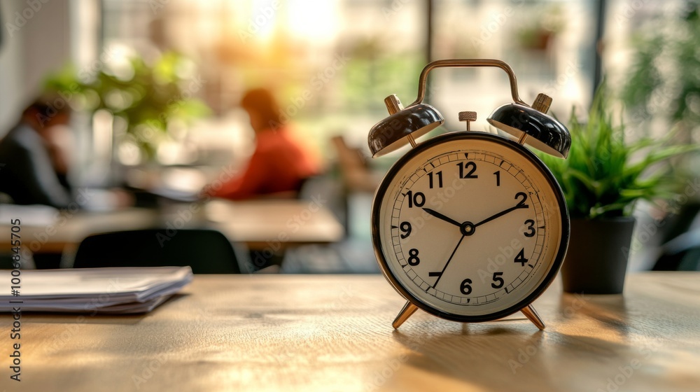 Classic Alarm Clock on Desk in Modern Office Space Classic Alarm Clock on Desk in Modern Office Space