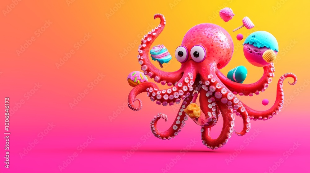 A playful cartoon octopus holding various objects in its tentacles, like a beach ball and ice cream A playful cartoon octopus holding various objects in its tentacles, like a beach ball and ice cream