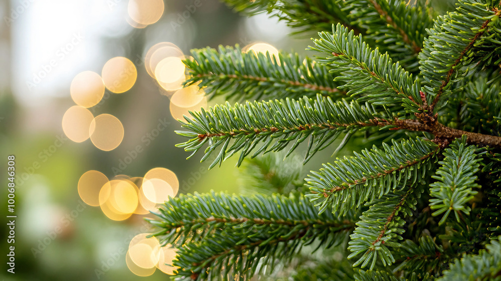 Close-Up of Evergreen Pine Branches with Soft Christmas Lights Creating a Warm Holiday Atmosphere Close-Up of Evergreen Pine Branches with Soft Christmas Lights Creating a Warm Holiday Atmosphere