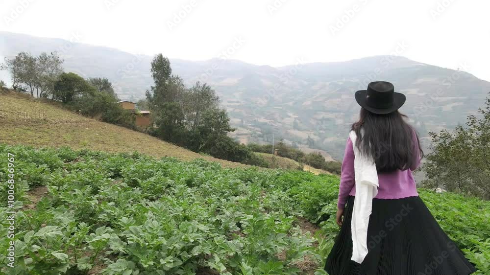 Video de una feliz y bonita campesina con un sombrero hablando por un teléfono celular en los Andes peruanos. Mujer usando teléfono móvil