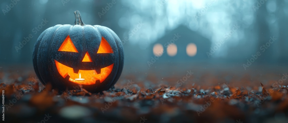 A carved pumpkin, titled jack-o-lantern, resides centrally in a lush, leafy setting Behind it lies a quaint house A carved pumpkin, titled jack-o-lantern, resides centrally in a lush, leafy setting Behind it lies a quaint house