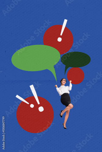 Canvas Print Vertical collage poster young businesswoman speech communication dialog attentio