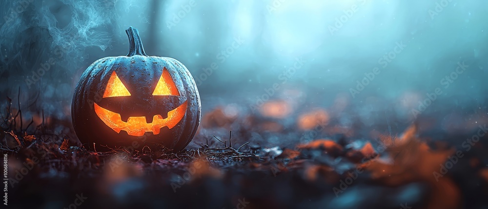 A jack-o-lantern pumpkin sits in the heart of a forest, surrounded by foggy trees, as a mystical, foggy sky looms behind A jack-o-lantern pumpkin sits in the heart of a forest, surrounded by foggy trees, as a mystical, foggy sky looms behind