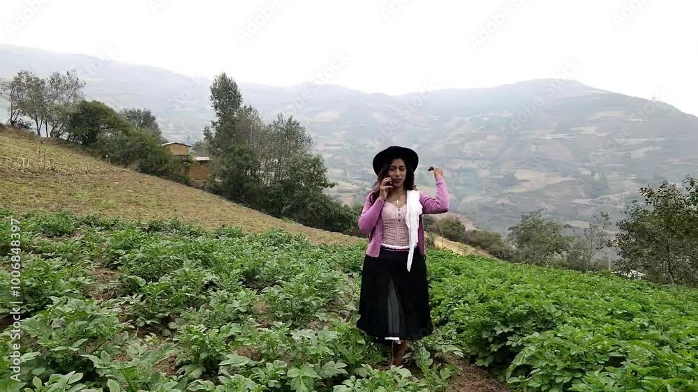 Video de una feliz y bonita campesina con un sombrero hablando por un teléfono celular en los Andes peruanos. Mujer usando teléfono móvil