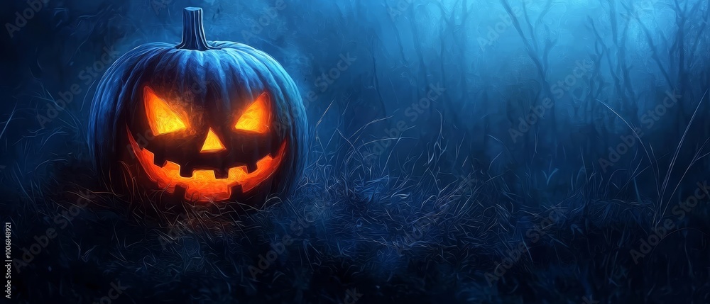 A Jack-O-Lantern pumpkin sits in the heart of a towering grass field, surrounded by blue sky A Jack-O-Lantern pumpkin sits in the heart of a towering grass field, surrounded by blue sky