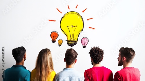 Group of diverse young people generating ideas and creativity concept with light bulbs illustration over a white wall.