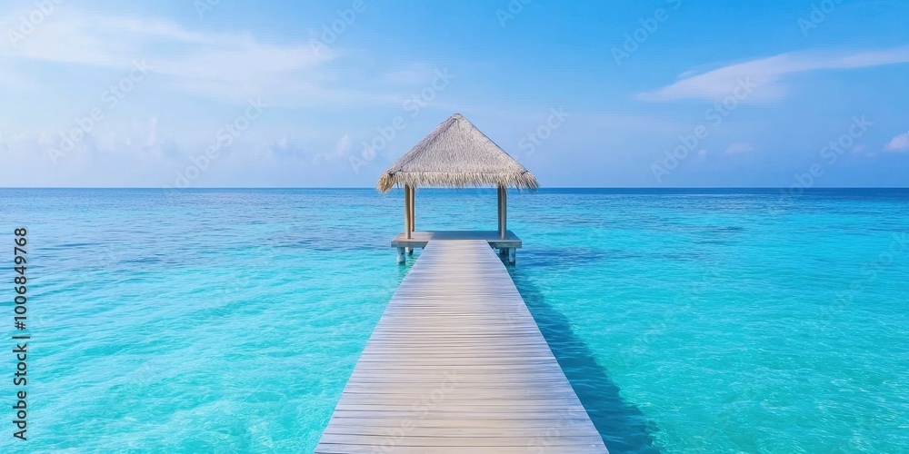 Beautiful blue sea and a wooden pier with a thatched roof on a tropical island. Beautiful blue sea and a wooden pier with a thatched roof on a tropical island.