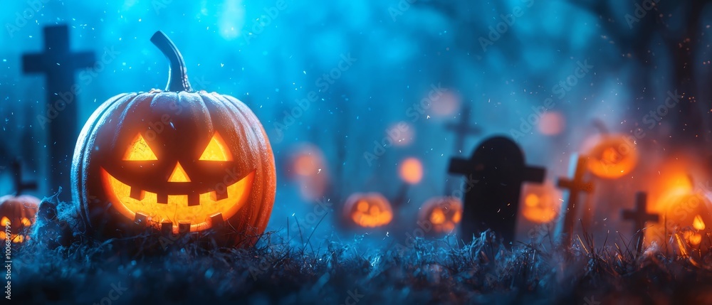 A collection of carved pumpkins atop a grassy field, backdrop featuring tombstones and crosses A collection of carved pumpkins atop a grassy field, backdrop featuring tombstones and crosses