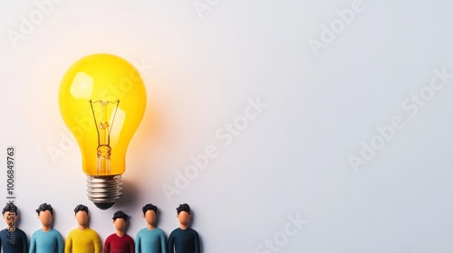 Group of people miniatures standing under a large yellow light bulb on a light background, symbolizing teamwork, creativity, and innovation.