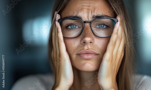 A woman experiences stress, discomfort or headache at home, in soft lighting, reflecting a painful pose on her face.