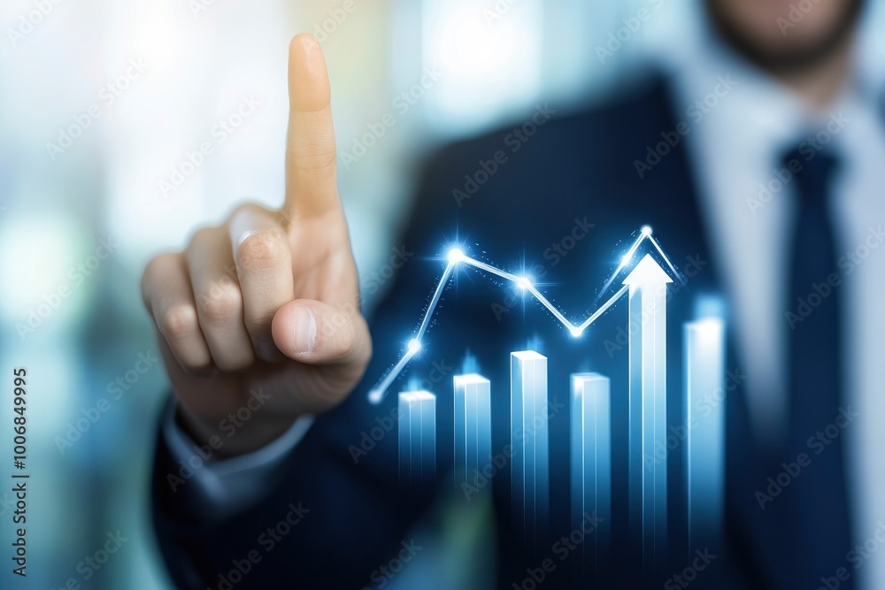 Businessman touching a growth arrow graph going upwards on digital screen, with rising arrows indicating growing market trends and stock costs Businessman touching a growth arrow graph going upwards on digital screen, with rising arrows indicating growing market trends and stock costs