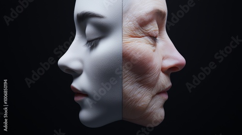 A 3D-rendered split image, with one half of the face showing youthful skin and symmetry, while the other half shows an older face with looser, asymmetrical features.