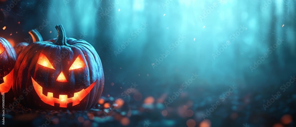 Two Jack-o-lanterns glow in the dark, situated in front of a forest teeming with trees Two Jack-o-lanterns glow in the dark, situated in front of a forest teeming with trees