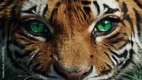 A close-up 3D render of a young face seamlessly blended with a tiger's features, showcasing fierce tiger stripes and intense emerald eyes, symbolizing strength and grace.