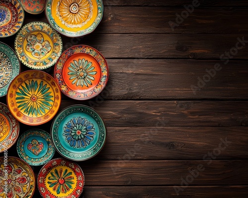 Vibrant Decorative Plates Collection on Rustic Wood Background - Colorful Ceramic Handcrafted Pottery for Home Decor and Artisanal Crafts - Festive Bohemian Tableware Design