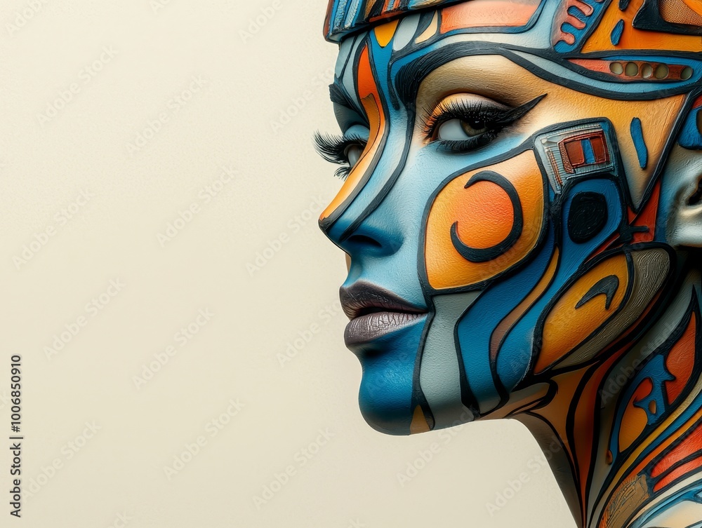 Naklejka premium Vibrant Abstract Face Painting Closeup on Blue and Orange, Mysterious Beauty Concept with Soft Lighting, Fashion Editorial Artistry