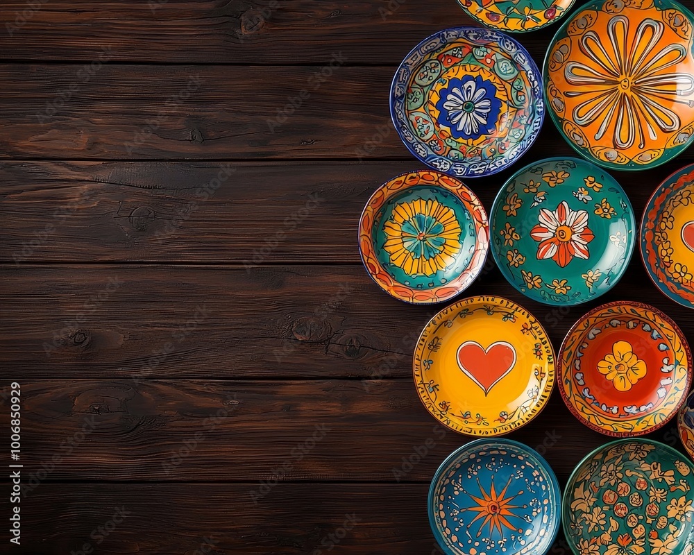 Vibrant Hand-Painted Ceramic Bowls on Dark Wooden Surface - Artisan Craftsmanship and Cultural Heritage Vibrant Hand-Painted Ceramic Bowls on Dark Wooden Surface - Artisan Craftsmanship and Cultural Heritage