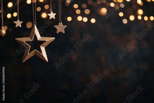 golden glittery stars hanging against dark brown and bokeh light background