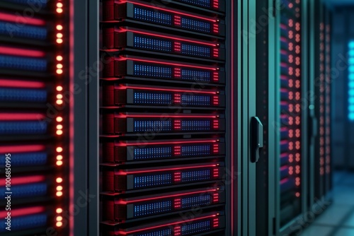 Futuristic Data Center Technology Closeup of Illuminated Server Rack with Red Lights, Blue Ambiance in High-Tech Environment - Concept of Innovation and Connectivity