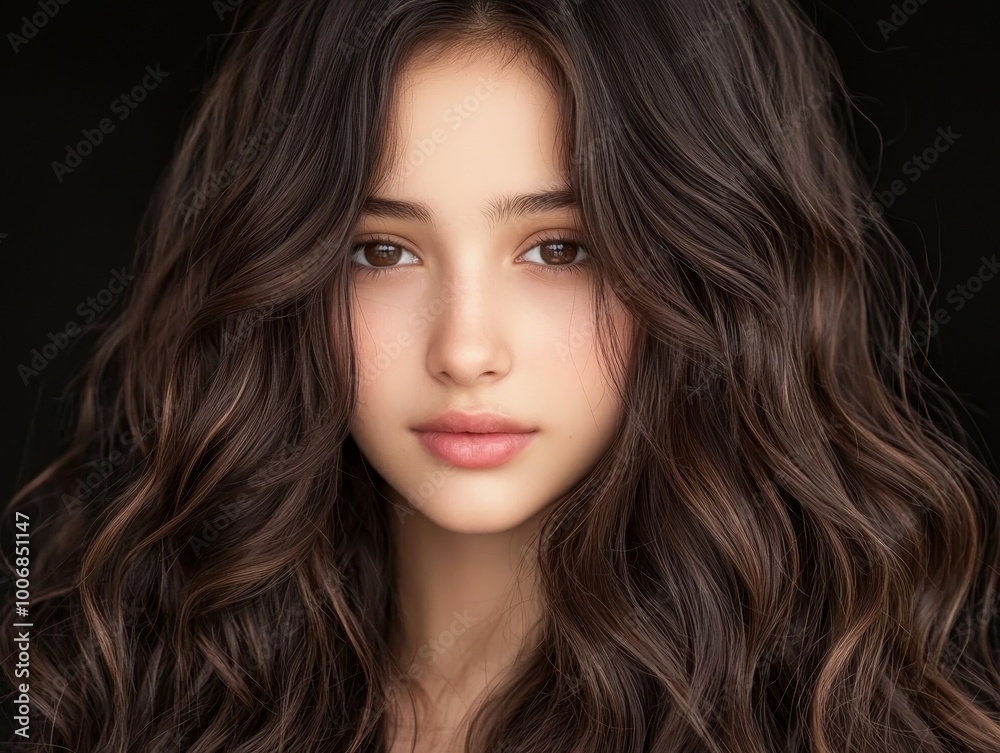 Intimate Close-Up Portrait of Young Woman with Piercing Eyes on Black Background - Serene Beauty and Contemplation in Studio Setting