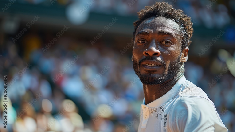 Male tennis player looking determined during a match with a crowded stadium in the background. Male tennis player looking determined during a match with a crowded stadium in the background.