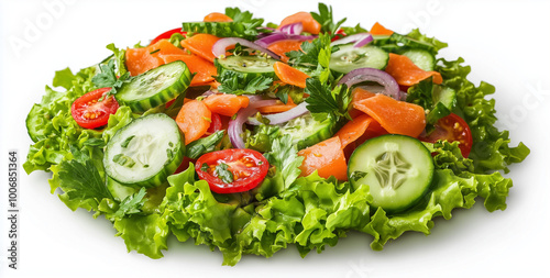 Salad, green lettuce leaves, cucumbers, tomatoes, orange carrot and purple onion, clear corn, herbs, on white background