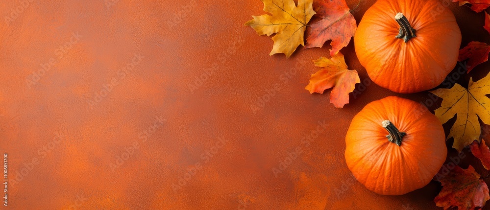 Three pumpkins atop a table, accompanied by leaves, and one more atop another table Three pumpkins atop a table, accompanied by leaves, and one more atop another table
