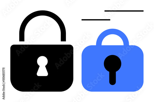 Two padlocks one black and one blue stand side by side symbolizing security. Ideal for concepts of protection data privacy safety internet security and encryption. Minimal vector style