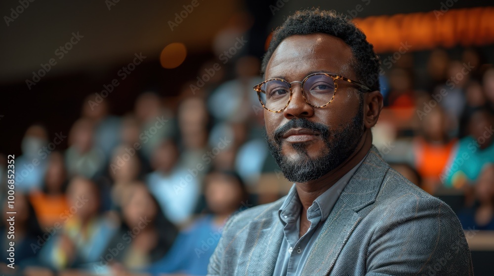 Confident African American man in a grey blazer attending a seminar. Confident African American man in a grey blazer attending a seminar.