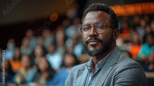 Confident African American man in a grey blazer attending a seminar.