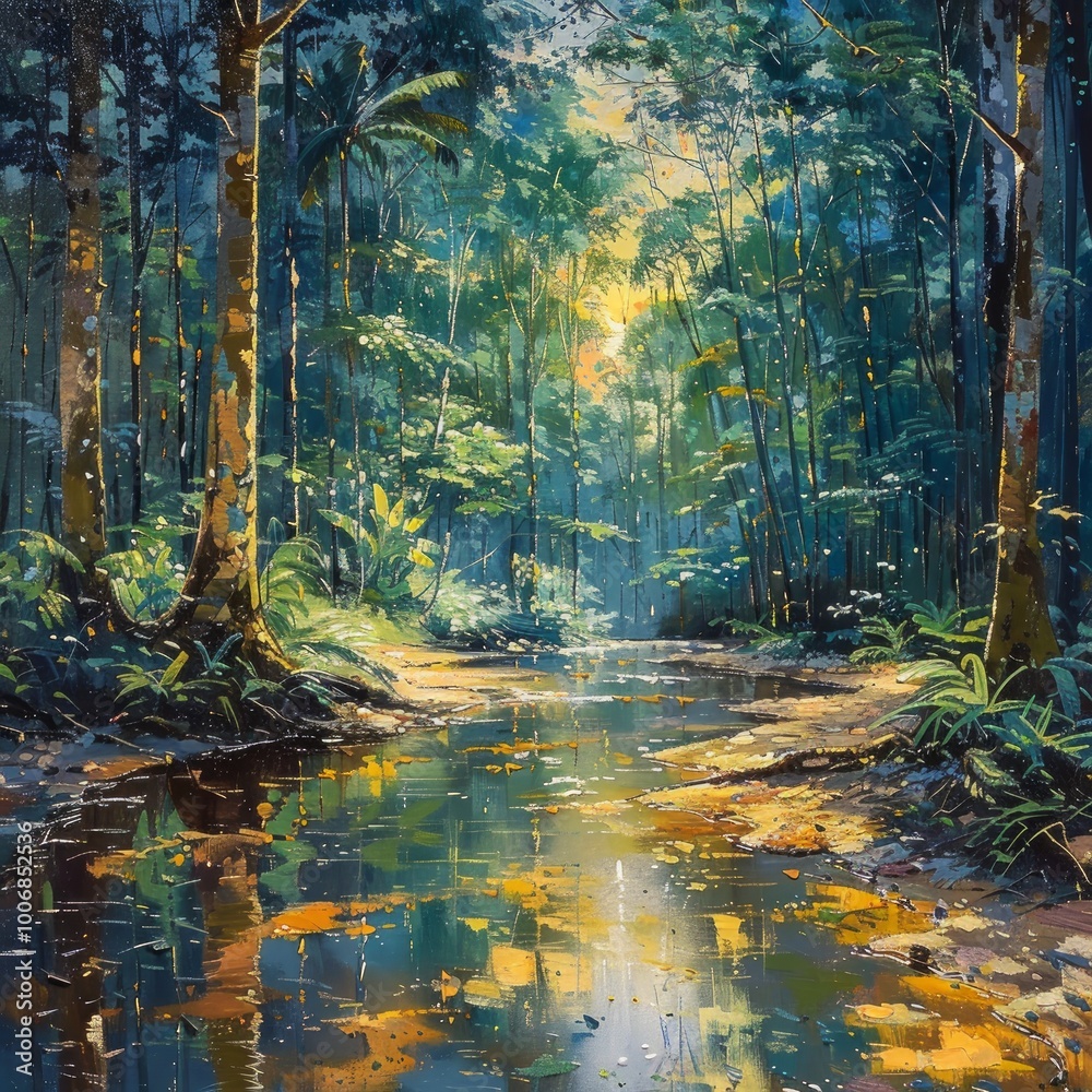 Fototapeta premium Beautiful stream painting in tropical forest - beautiful natural landscape in the forest