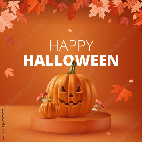 A Halloween background featuring an orange pumpkin on a podium or stage, perfect for October celebrations. Autumn leaves, creating a spooky yet cute atmosphere. Ideal for banners, posters. Not AI.