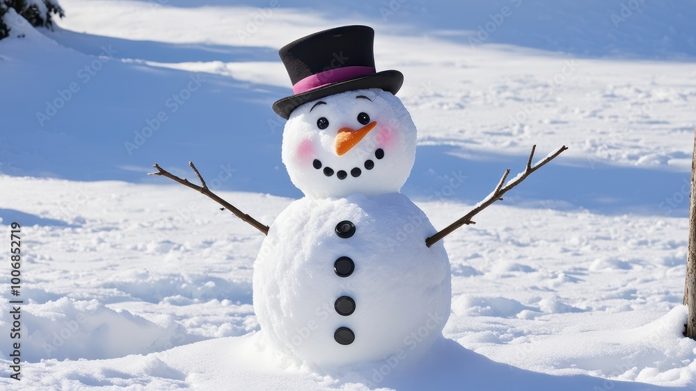 Fototapeta premium A cheerful snowman with a top hat, carrot nose, and button decorations in a snowy landscape.