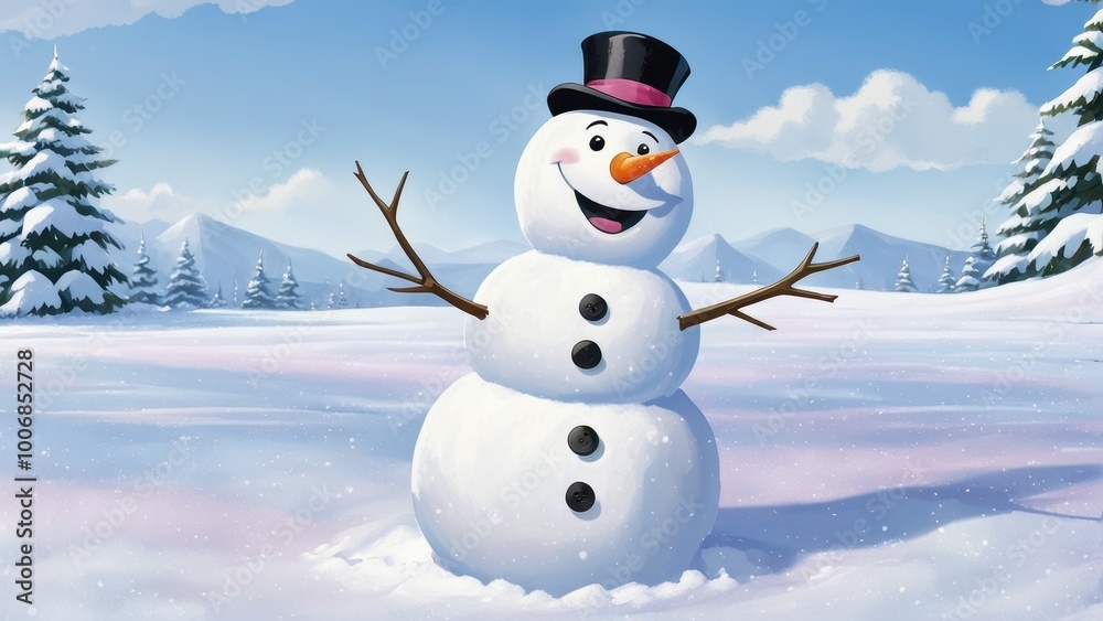 A cheerful snowman with a top hat and carrot nose stands in a snowy landscape. A cheerful snowman with a top hat and carrot nose stands in a snowy landscape.