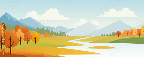 An autumn landscape featuring a serene river flowing through a valley, surrounded by trees and mountains. The scene includes bright fall colors, a blue sky. Not AI.