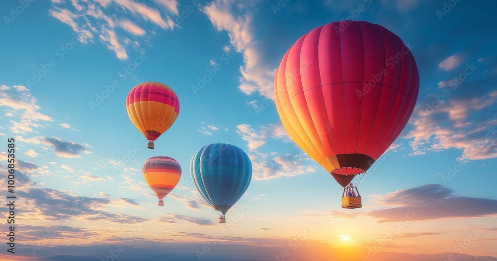 Fototapeta premium Colorful hot air balloons in a vibrant sky at sunrise