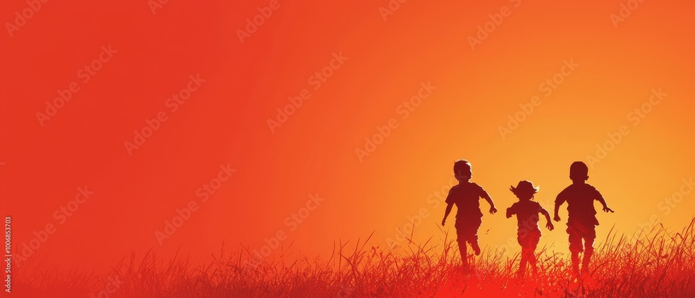 Children traverse a red-skied field, sun setting behind them, grass beneath their feet Children traverse a red-skied field, sun setting behind them, grass beneath their feet