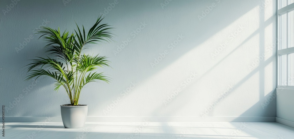 Serene Minimalist Interior with Empty Space and Potted Plant under Sunlight, Wide-Angle Clean White and Blue Wall Background Serene Minimalist Interior with Empty Space and Potted Plant under Sunlight, Wide-Angle Clean White and Blue Wall Background