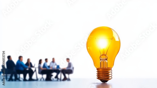 Team brainstorming session represented by a glowing light bulb, symbolizing innovative ideas and creative solutions in a business environment.