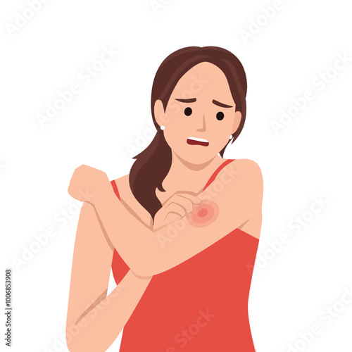 Young woman scratching arm. Female suffering from strong allergy skin itchy symptom. Flat vector illustration isolated on white background