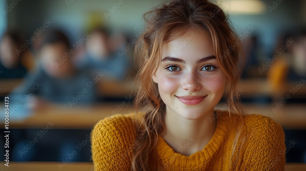 happy female student attending university class, smiling at the camera. education and university life, student participation and confidence, happy learning environment happy female student attending university class, smiling at the camera. education and university life, student participation and confidence, happy learning environment