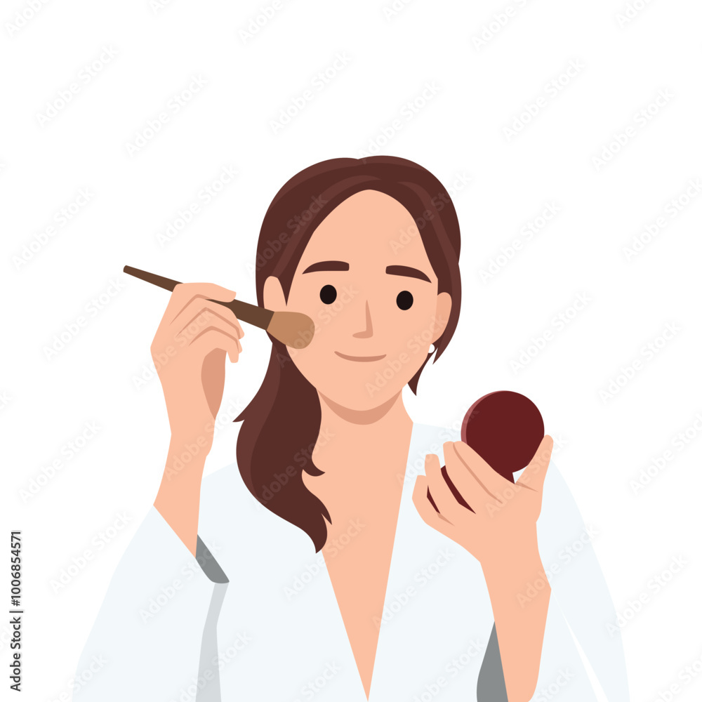 Young woman using special brush for applying face powder for looking good and fresh. Flat vector illustration isolated on white background Young woman using special brush for applying face powder for looking good and fresh. Flat vector illustration isolated on white background