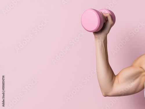 Minimalist Pink Dumbbell Workout Concept on Solid Pink Background for Fitness and Wellness Ads